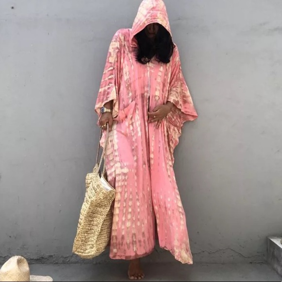 SOLD OUT Pink Tie Dye Hooded Kimono Duster Coverup Robe - Picture 2 of 3